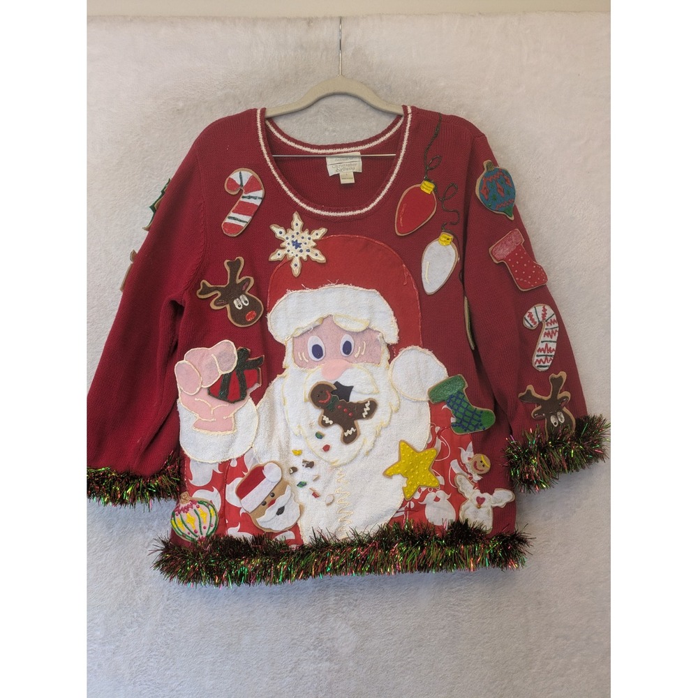 Christopher & Banks Sweater‎ Women's L Red Ugly Christmas Tinsel Santa